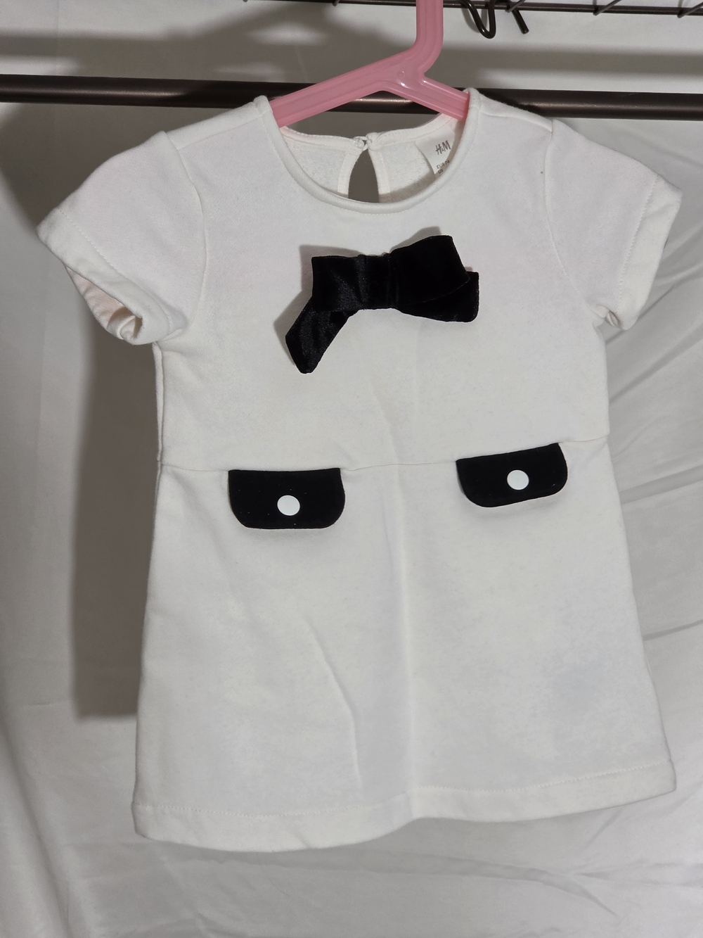 H&M White Girls' Short Sleeve Dress Top with Black Bow